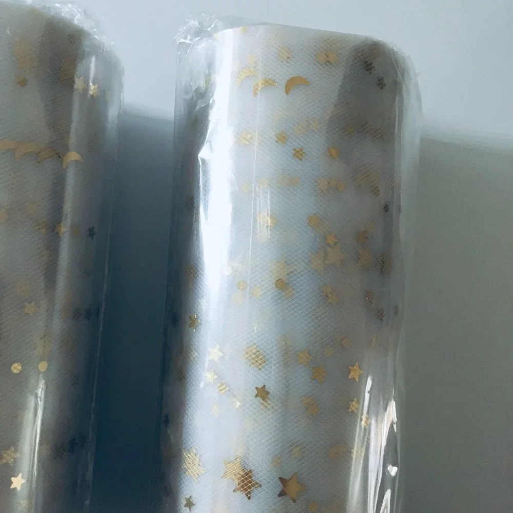 3 Rolls White Mesh Tulle Wide Ribbon with Gold Moons & Stars